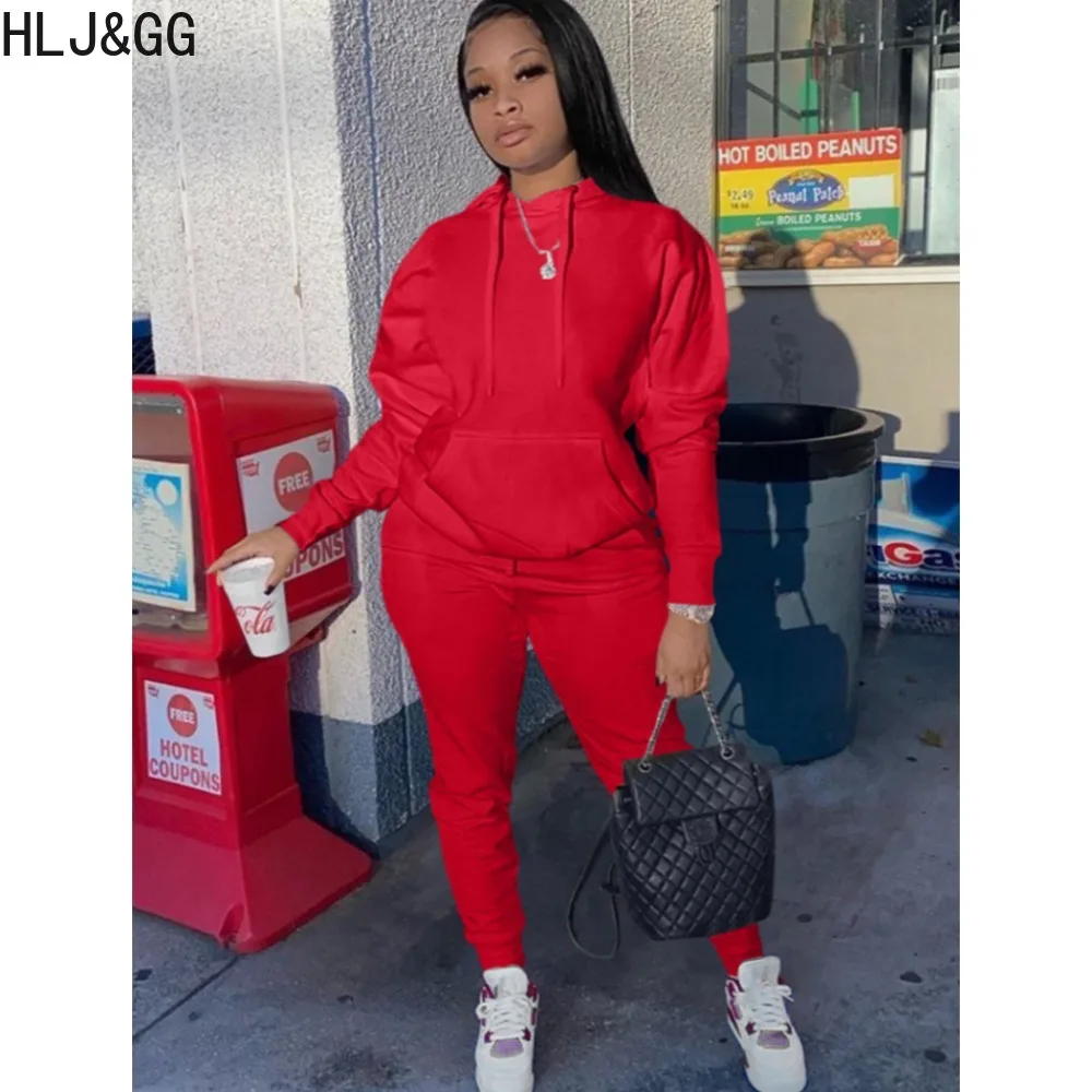 HLJ&GG Autumn Winter Solid Color Hooded Two Piece Sets Women Long Sleeve Sweatshirts+Jogger Pants Tracksuits Female 2pcs Outfits