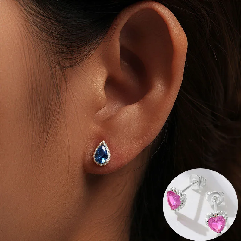 

100% 925 Sterling Silver Zircon Love Heart Studs Earrings for Woman Girl Water Drop Design Jewelry Party Gift Dropshipping