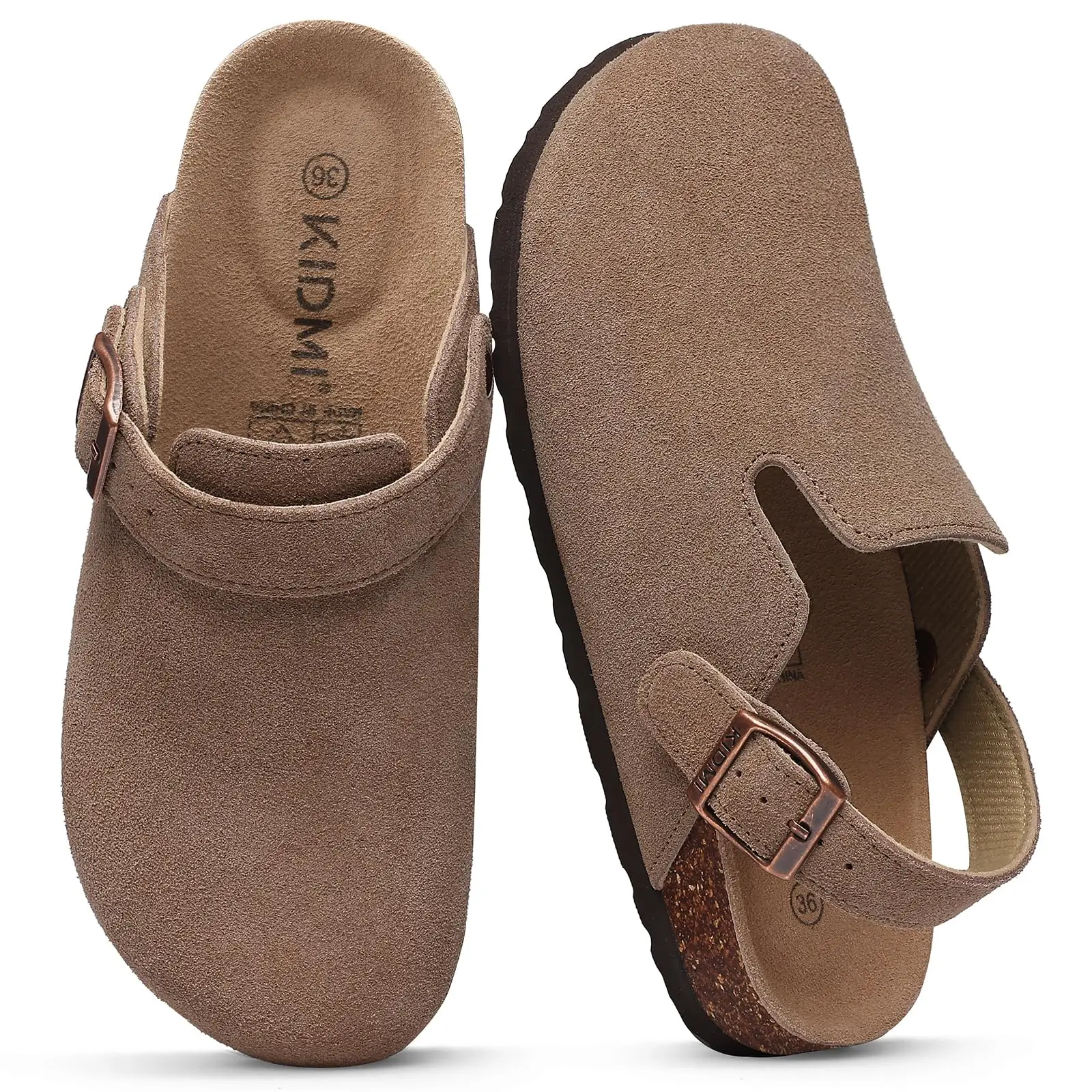 Women's Leather Mules Suede Clogs With Adjustable Strap Cork Sole_voghion.com