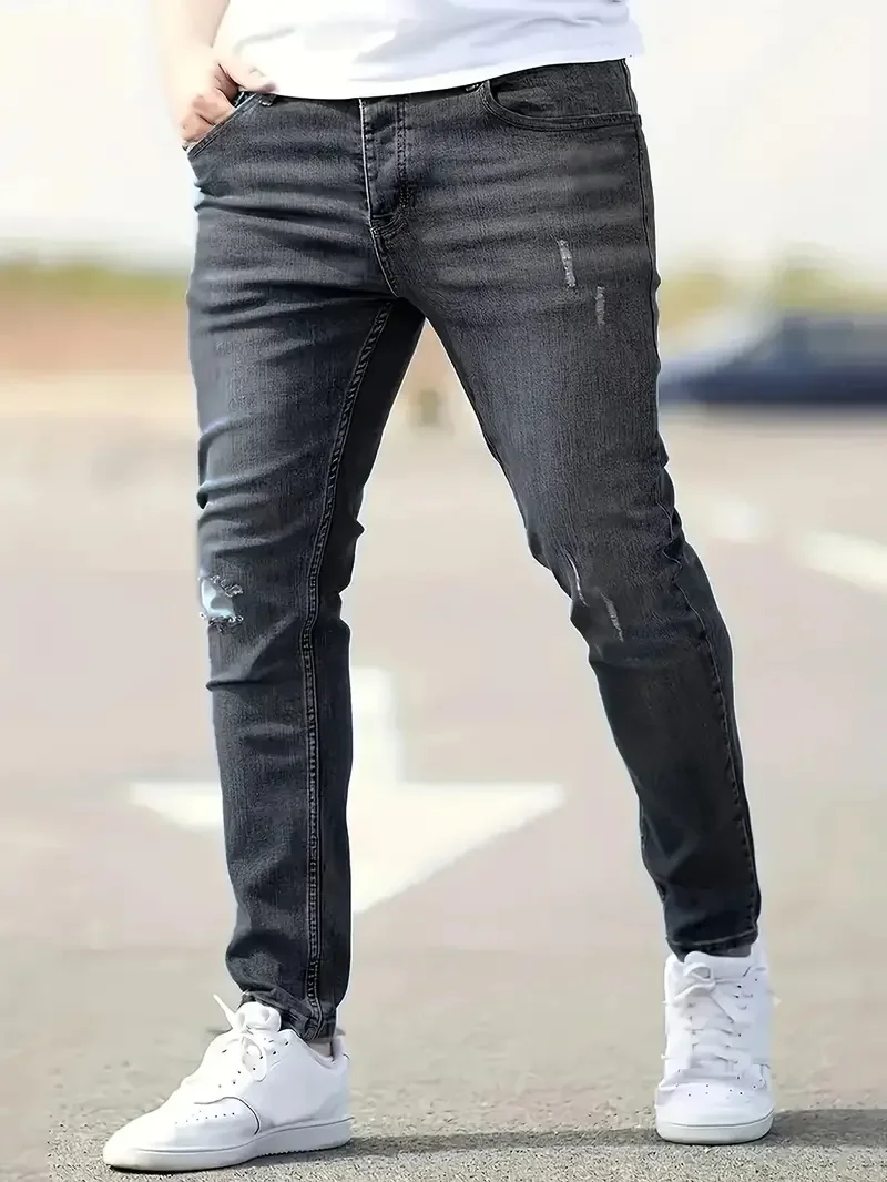 Men's Jeans Stretch Slim Fit Trousers Streetwear Classical Casual Pants Skinny Zipper Denim Designer Clothes Black Blue 5