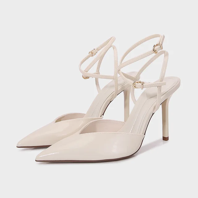 Elegant Pointed Toe Ankle Strap Brand Pumps Women High Quality Patent Leather Buckle Thin Heel Slide Sandals Banquet Dress Shoes