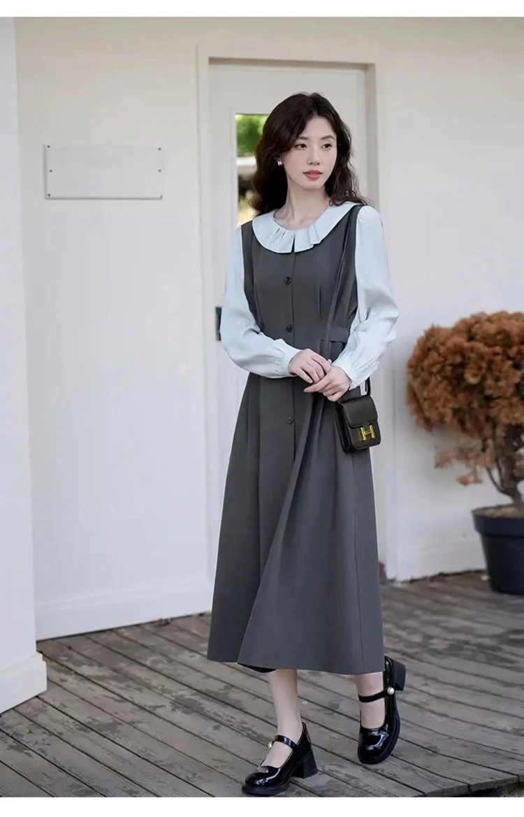 

2024 Spring Postpartum Woman Breastfeeding Dress Long Sleeve Pleated Peter Pan Collar Maternity Nursing Dress Lactation Clothes