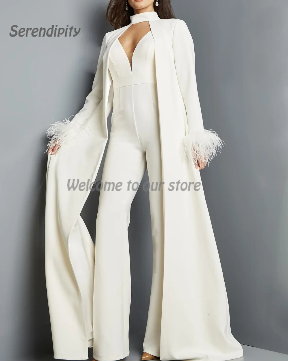 

Serendipity Ankle-Length Simple Trumpet Removable Cape Plunging Neck Jumpsuit Workwear Black Evening Dress For Fashion Women