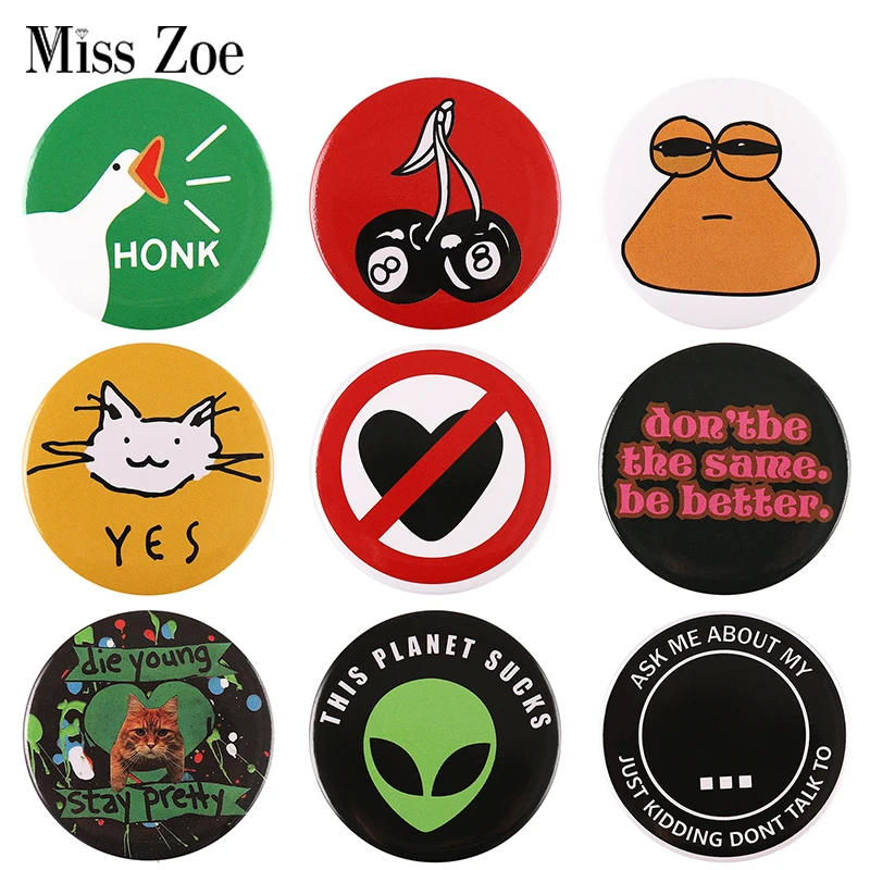 Animal Brooch Tinplate Soft Button Pin Anime Fun Animal Goose Frog Cat Alien Cherry Brooch for Hat Bag Jewelry Gift Lapel Badge