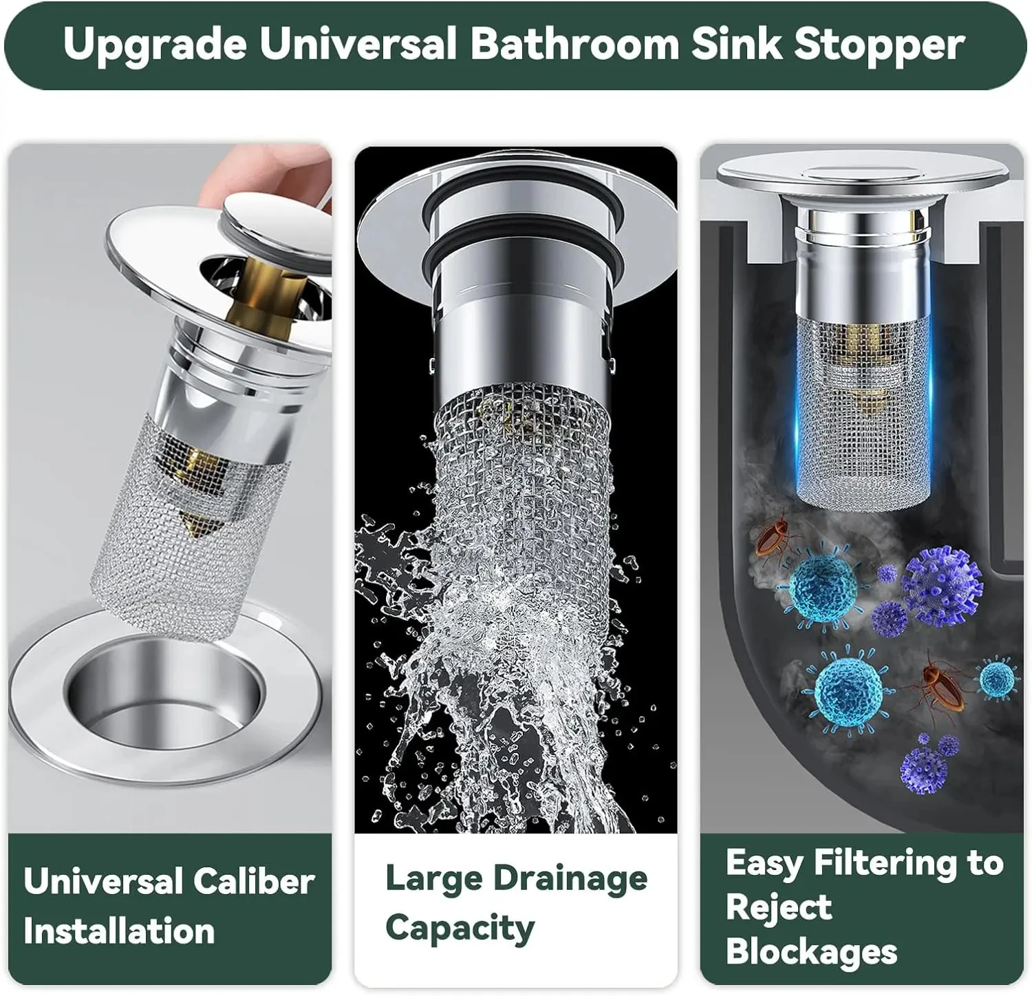 Bonde Universelle Pour Lavabo – 2 Pièces, Inox, Avec Filtre à Cheveux, Pop-up