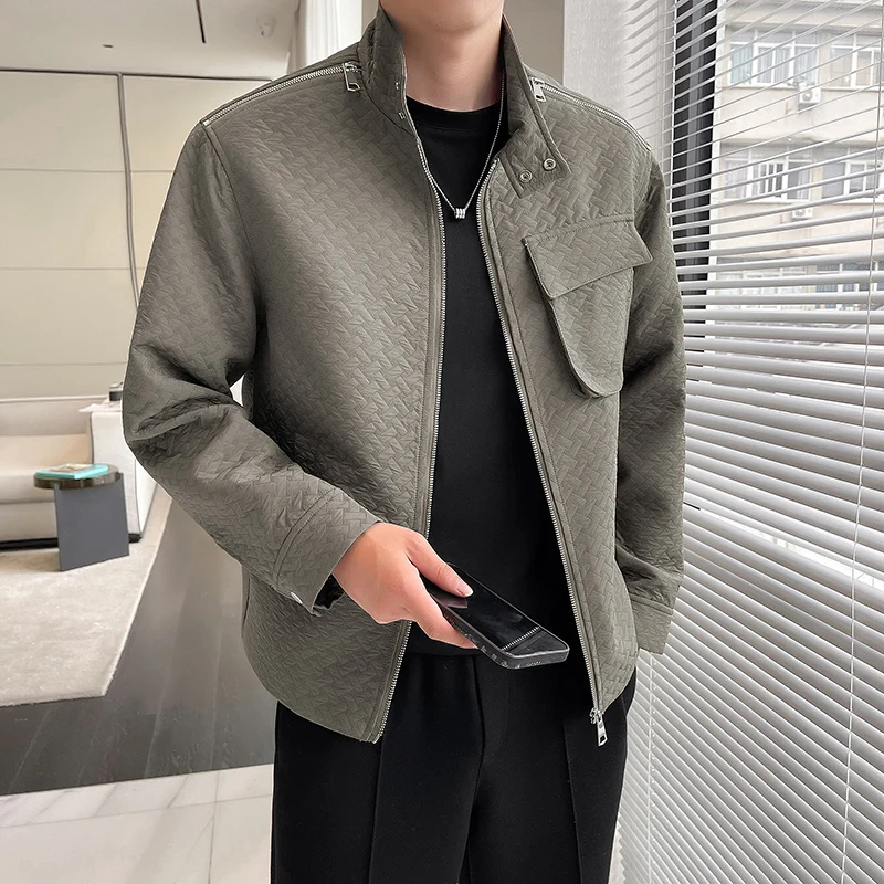 

Высококачественная модная свободная деловая повседневная мужская куртка на молнии с воротником-стойкой на весну и осень новая мужская куртка из тисненой ткани