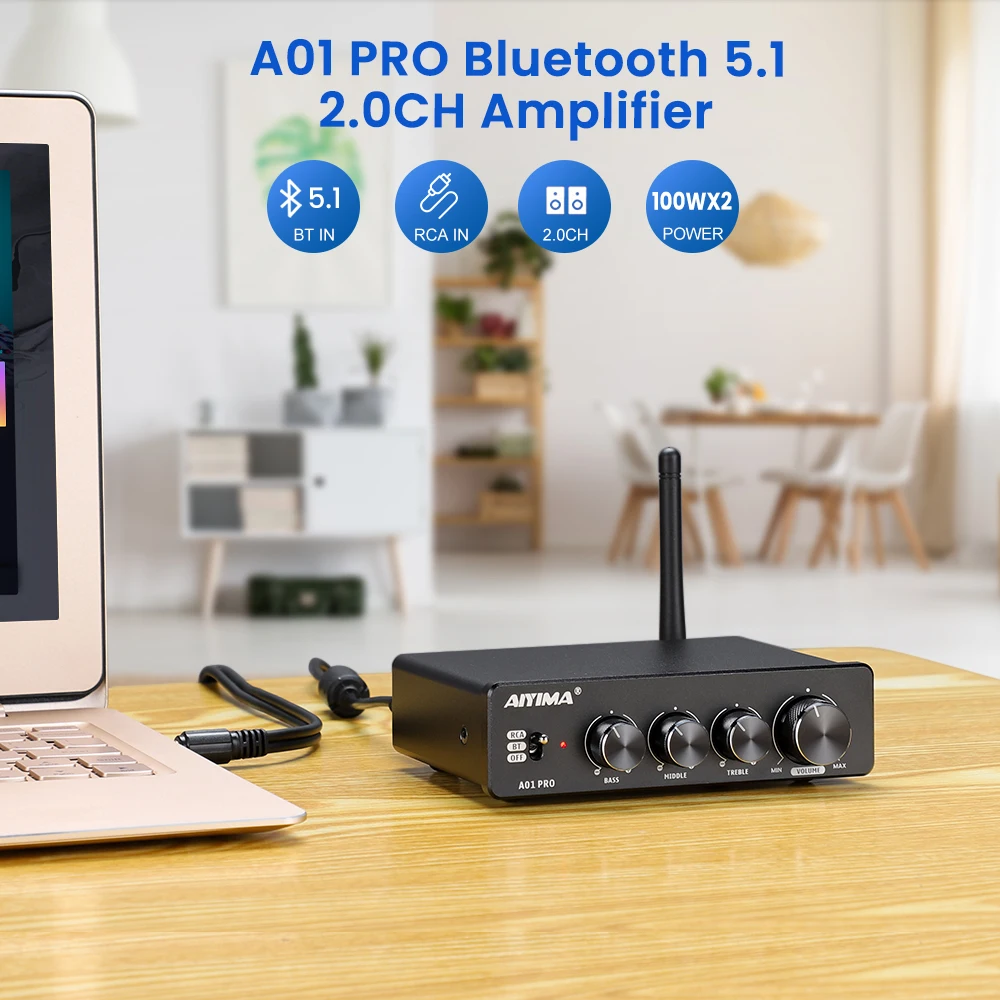 AIYIMA-A01 PRO Amplificador de Potência Bluetooth, Amplificador de Som HiFi, 100W Stereo, Classe D, Home Theater, Bass, Alto, Agudos, TPA3116D2, TPA3116D2