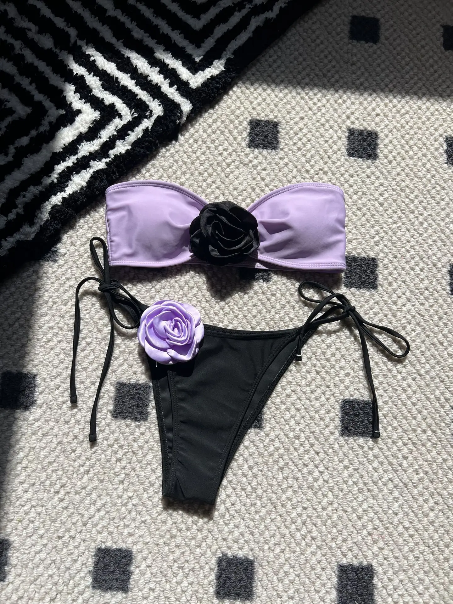 Colorblock Rose Bikini Women's Lace-up Drawstring Strap Split Swimsuit