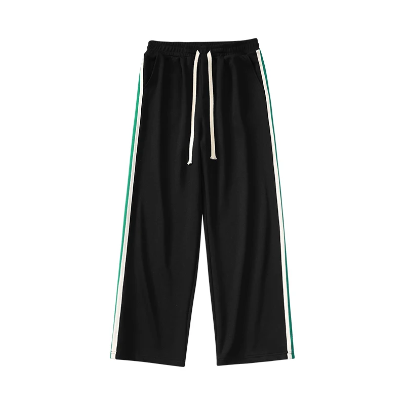 Men's Spring Autumn Drawstring Striped Pocket Solid Elastic and High Waisted Casual Loose Sports Straight Leg Trousers Pants