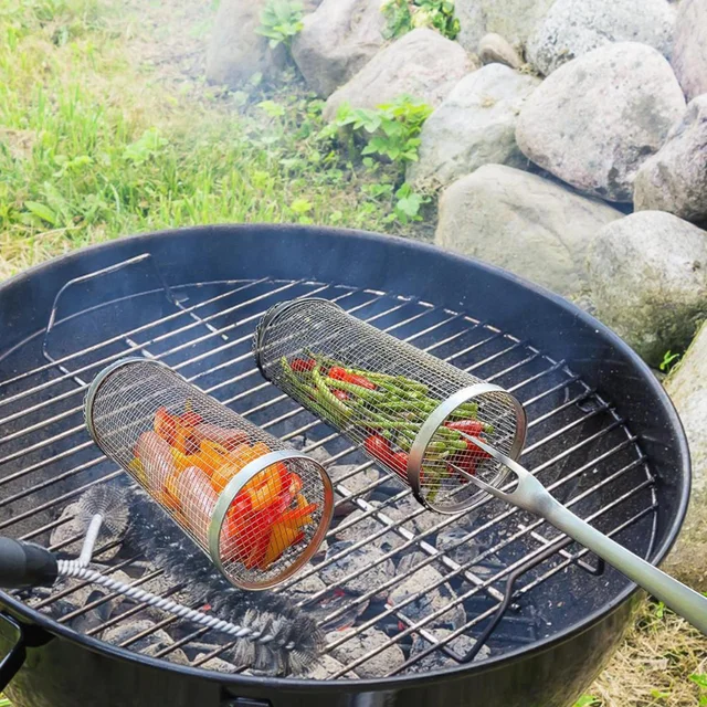 Rozsdamentes Acél Hengeres Barbecue Kosárgörgő Grillező Kosár Bbq Henger Háló Hordozható Kültéri Kemping Állvány - Image 3