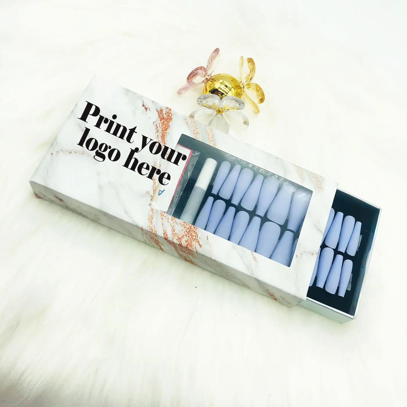 WholesaleLuxury False Nails Packaging Box Rhinestone Decor French Nails Case Csustom Logo Pack Bling Long Coffin Nail Packaging 4