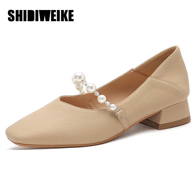 

SDWK 3CM Elegant Sweet Women Pumps Women Soft Leather Low Heels Spring Summer Wedding Casual String Bead Mary Janes Shoes Woman