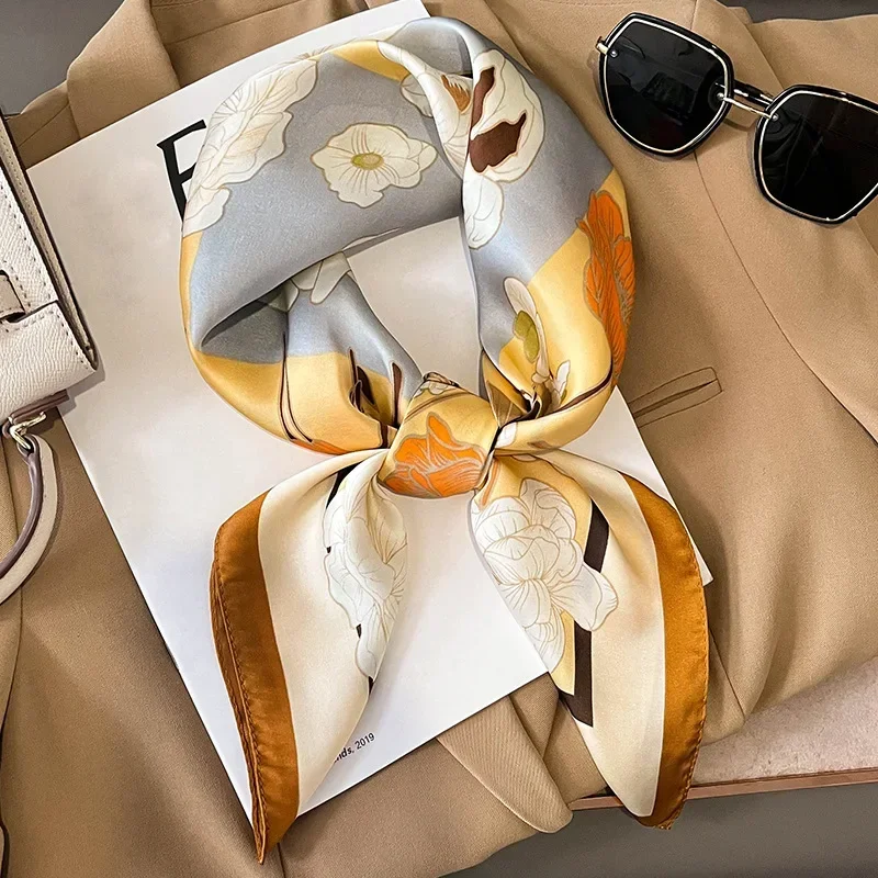 2024 New Silk Square Hair Scarf Foulard Pashmina Shawls Wraps Neck Scarves Women Floral Bandana Headbands Floral Bufandas Female 4