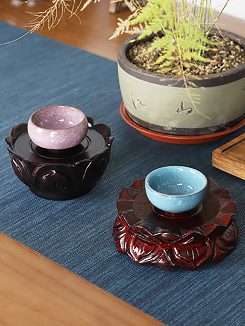 Guanyin Bodhisattva Buddha Statue Decoration, Lotus Flower Design, Stone Vase, Bonsai Solid Wood Base Holder, Pedestal Display