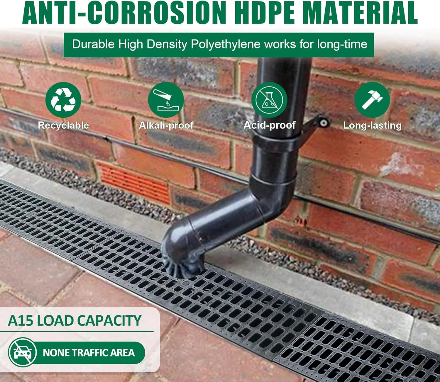 NEW-39.4Lx6.1Wx5.5H in. Channel Drain with Grates,6 Pack Total Length 236.22 in, Plastic Yard Drainage System