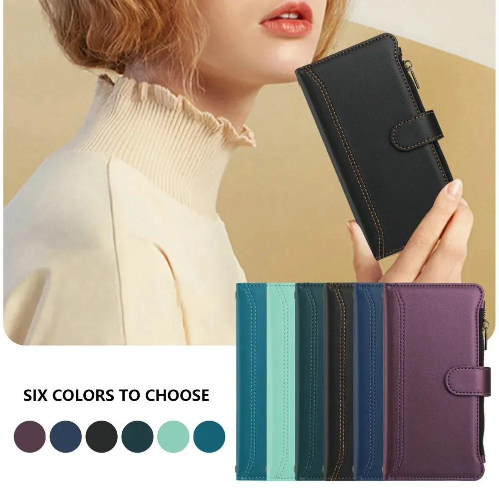 9-Card Zipper Leather Flip Crossbody Wallet Case
