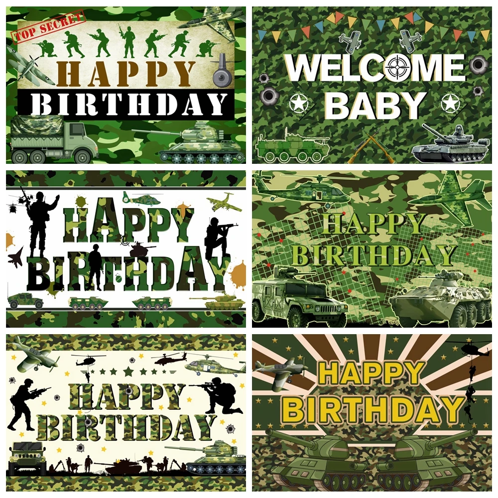 

Happy Birthday Soldiers Party Photography Backdrop Cartoon Camouflage Airplane Tank Car Portrait Baby Shower Photo Background