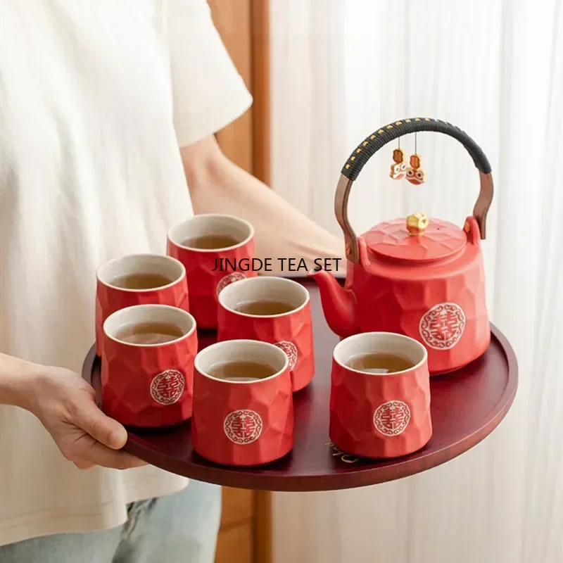 High end Chinese ceramic tea set red handmade tea cup bamboo tray home wedding tea set holiday gift