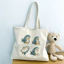 

Cute Cat Shark Canvas Women Shopping Bags Animal Girl Shoulder Cloth Bags Reusable Shopper Teacher Student Reusable Ecobag Bags