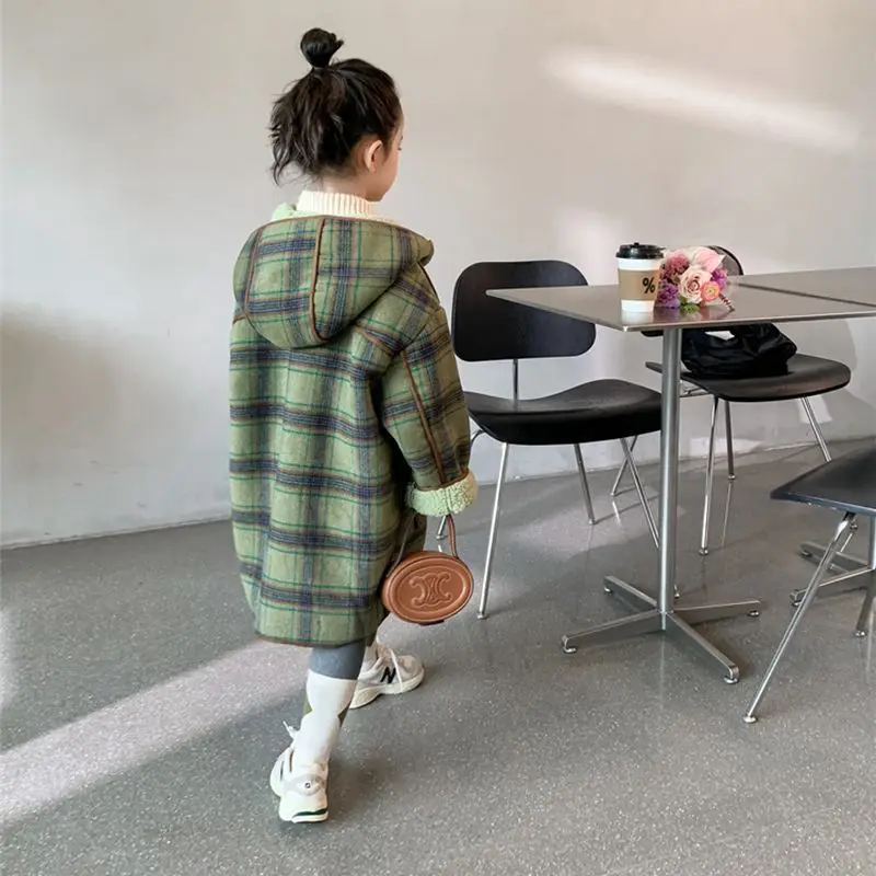 여아용 체크 무늬 암소 뿔 버클 모직 코트, 중간 길이, 트렌디 모직, 어린이 겨울 코트, 가을 겨울, 2024 신상