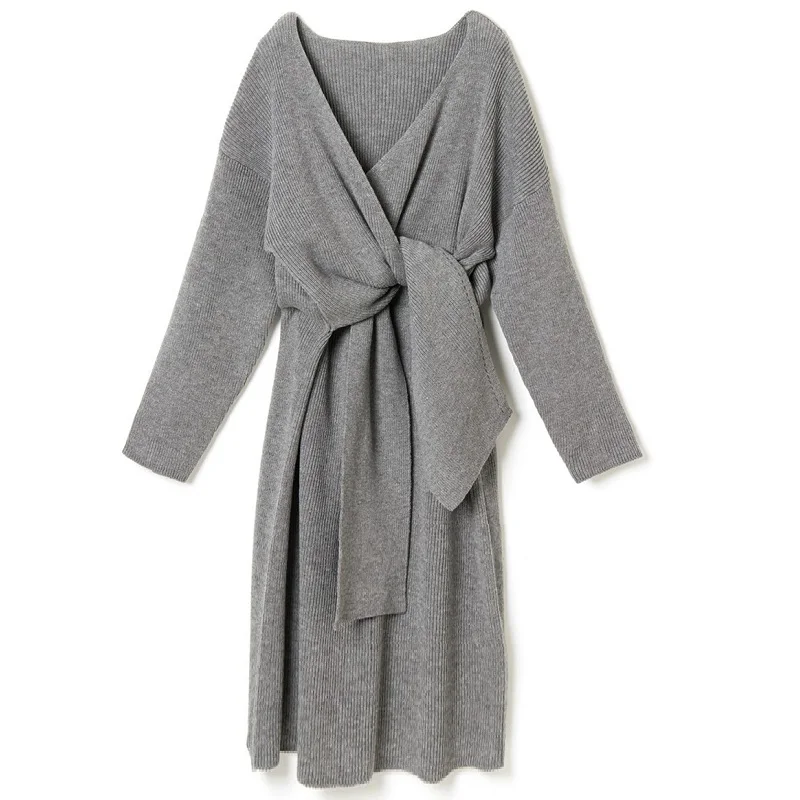 Frenulum V-neck Knit Bandage Elegant Long Dress Women Autumn Winter Long Sleeve Loose Casual Oversized Solid Sexy Bandage Dress