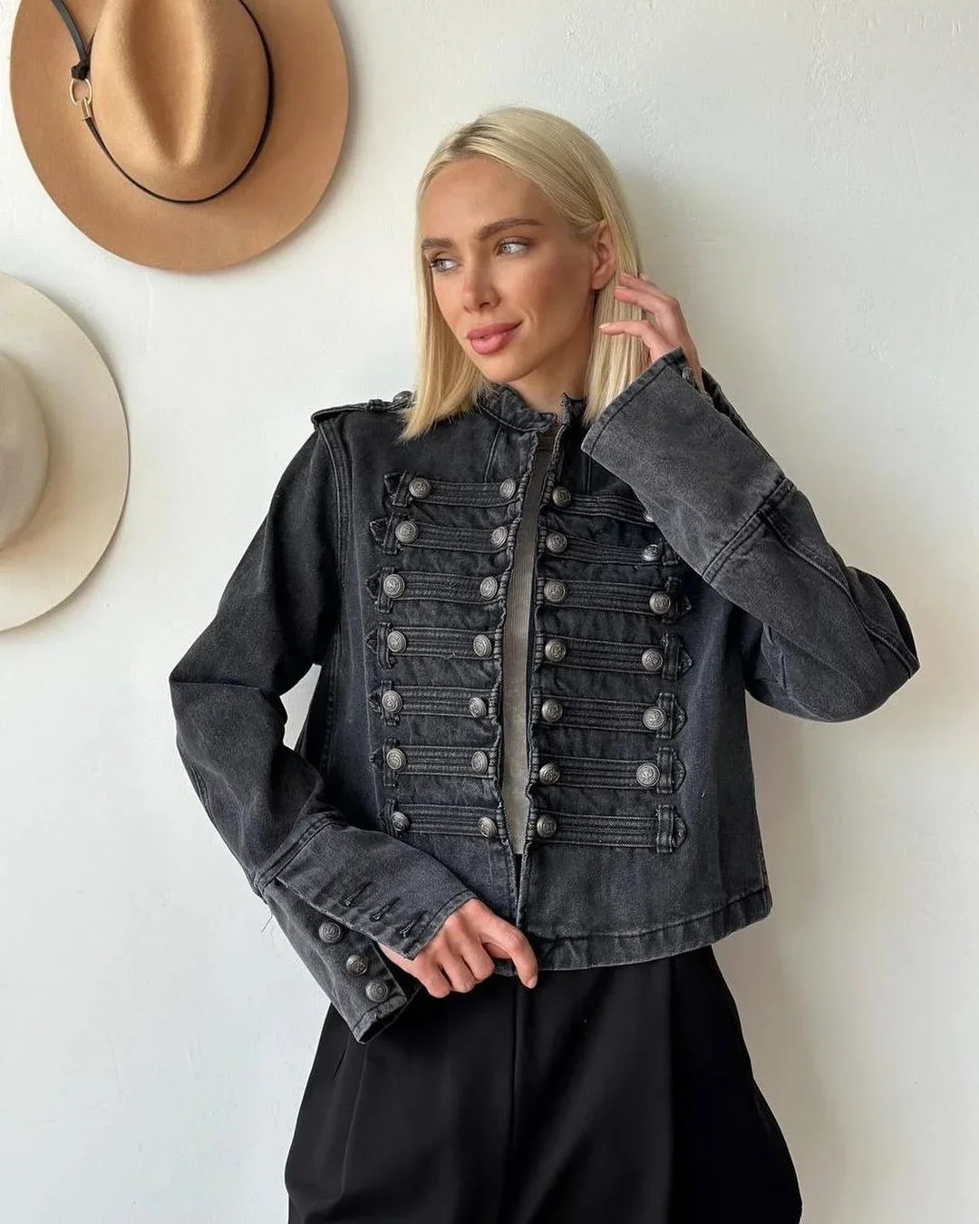 Vintage Denim Military Jacket Women Retro Solid Round Neck Single Breasted Slim Crop Coat 2026 New Lady Daily Street Outerwear 40 Sa0d7a7c63c044d6d812591cde094e163y