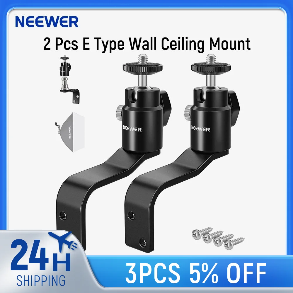 thumbnail image 2 of NEEWER E-Type Wall/Ceiling Mount Bracket - For Ring Lights, Studio Lighting, Cameras, Holds 4.4 Lbs, With Ball Head, 5/8" & 1/4" Mounts 2 of 10