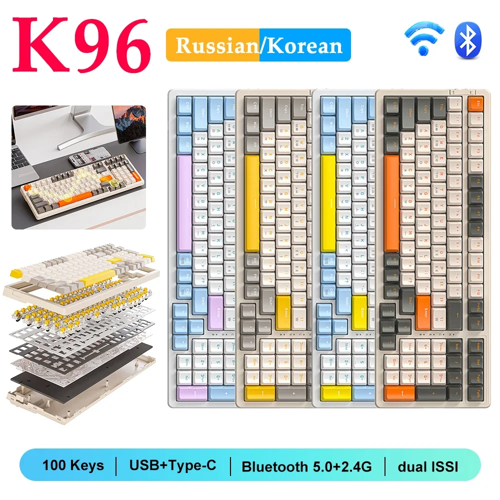 

K96 Mechanical Keyboard Type-C Bluetooth-compatible Gaming Keyboard Wireless 2.4G Hotswap Russian/Korean Keypad 100 Keys For PC