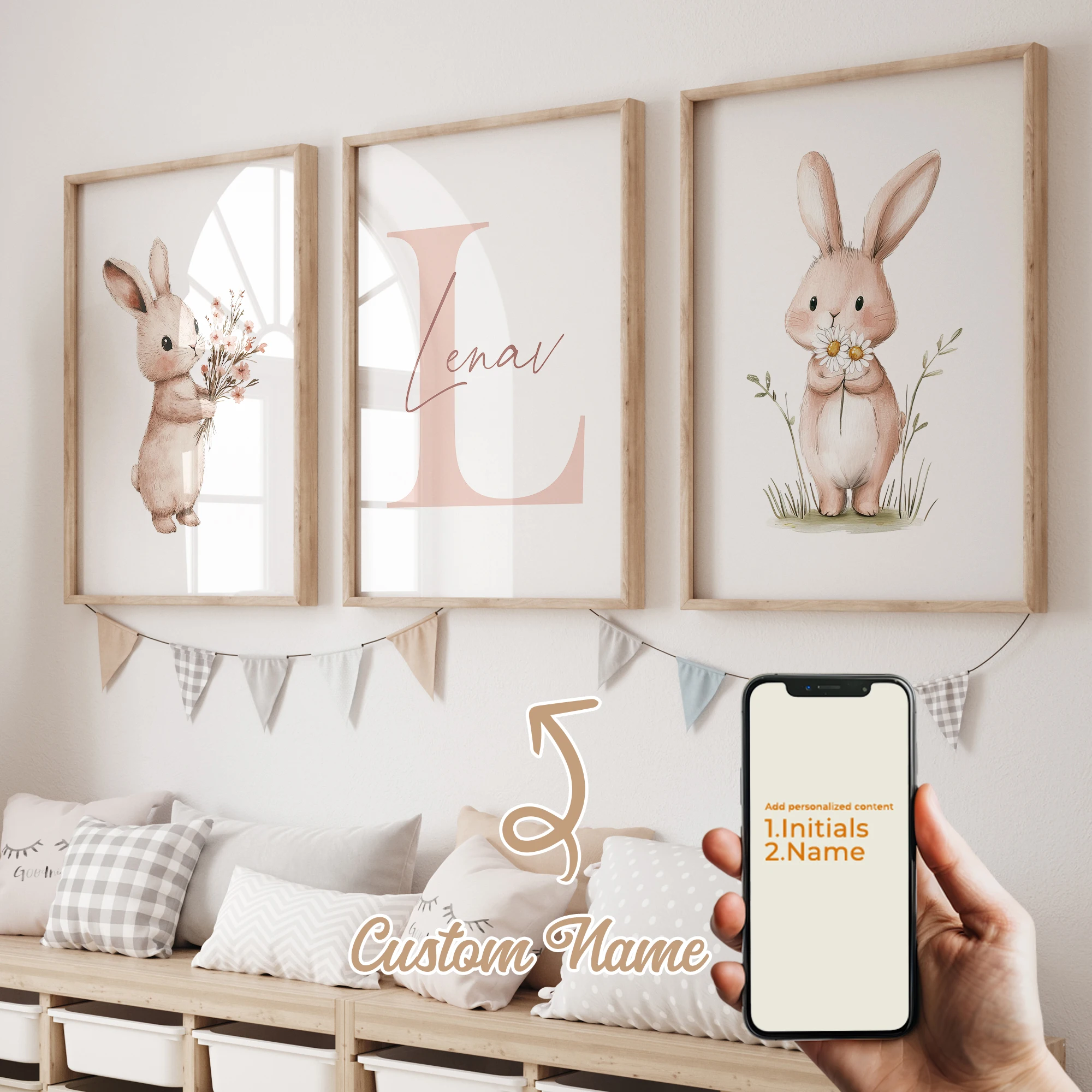 3pcs Personalized Custom Name Cartoon pink rabbit Wall Art Print Picture Canvas Poster Painting For Living Child Room Home Decor 2