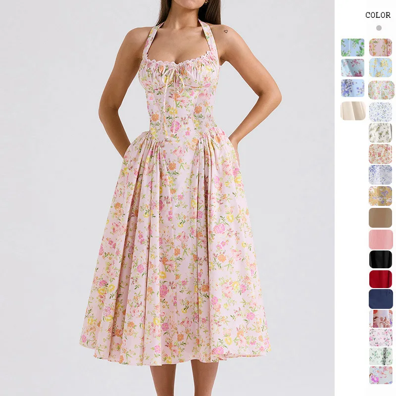 Evening Dresses Cocktail Dress Vintage A Line Cocktail Dresses Halter Floral Printed Sleeveless Women Prom Gowns Sexy Tea Length Evening Party Summer Skirts