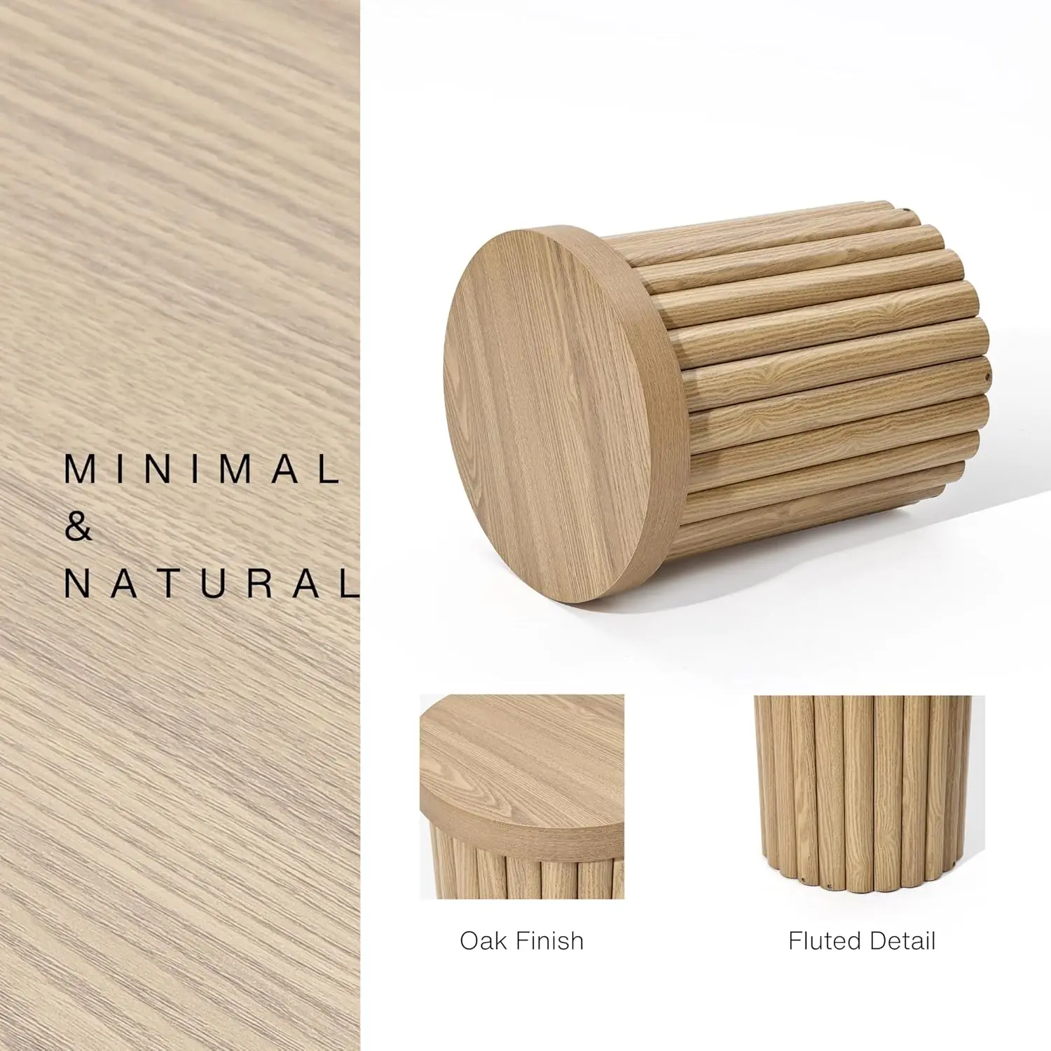 Wood Round Side Table, 19" Fluted Small End Table for Small Spaces, Mid Century Modern Wooden Accent Table, Small Bedside Table 4