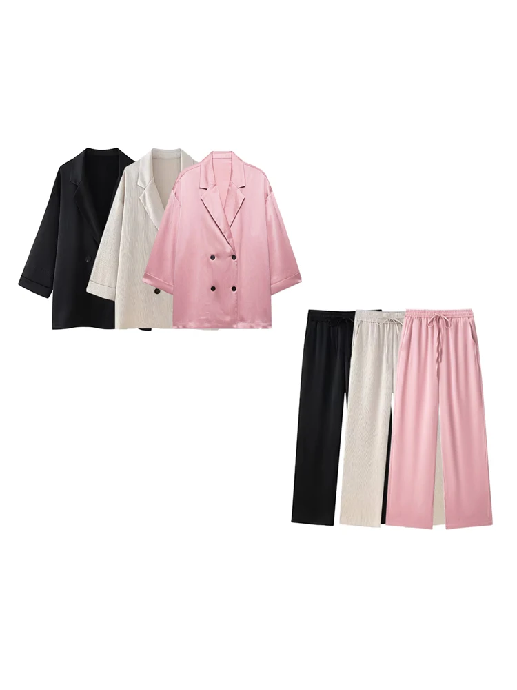 Women's Double-Breasted Loose Blazer Coat and High Elastic Waist Wide Leg Pants, Female Two Piece Sets, Fashion