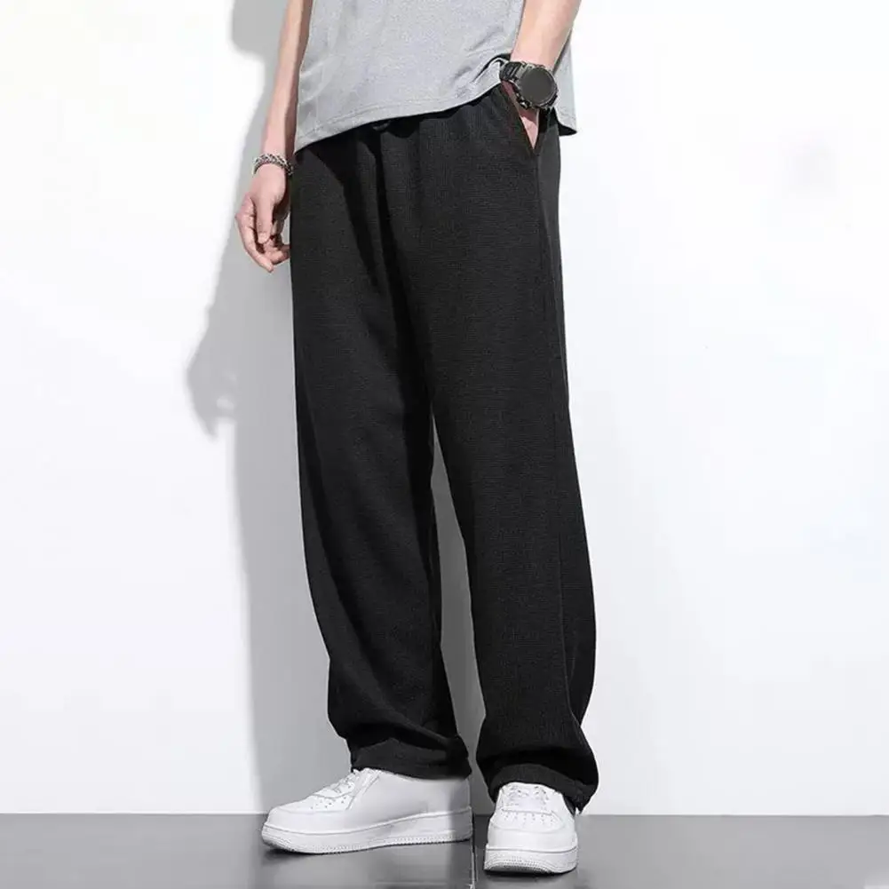 Men Pants Loose Straight Drawstring Elastic Waist Pockets Solid Color Breathable Soft Full Length Casual Sweatpants Daily Long T