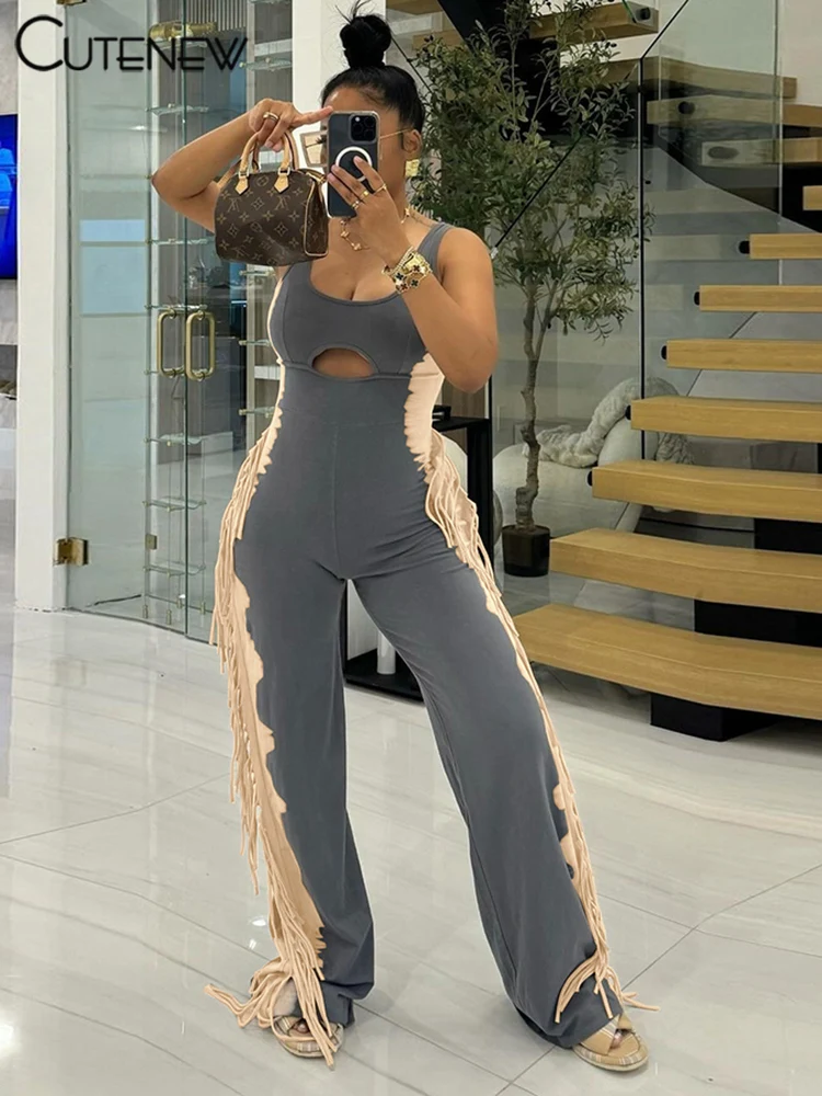 Panelled Casual Women Jumpsuits Summer Hipster Chic Tassel Sport U-neck Tank Hollow Slim Overalls Mujer Street One Piece