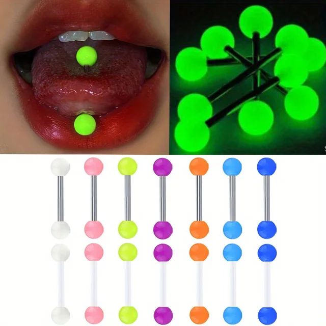 14pcs Luminous Ball Tongue Nail Ring Set Body Piercing Jewelry Stainless Steel Rod Acrylic Rod For Women and Men 1