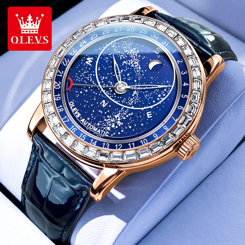 OLEVS Brand New Luxury Diamond Mechanical Watch for Men Blue Leather Strap Waterproof Luminous Fashion Starry Sky Mens Watches