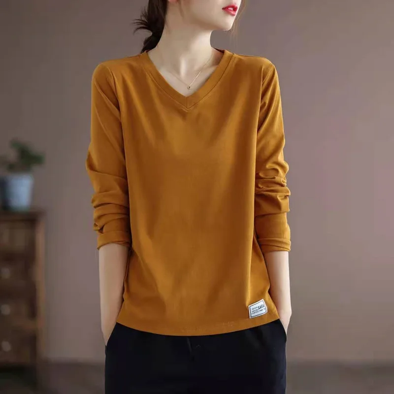 thumbnail image 1 of Camisetas de mujer, primavera 2022, camisetas lisas con parte inferior, camisetas de manga larga con cuello en V para mujer, camisetas de gran tamaño, ropa recién llegada, 1 of 4