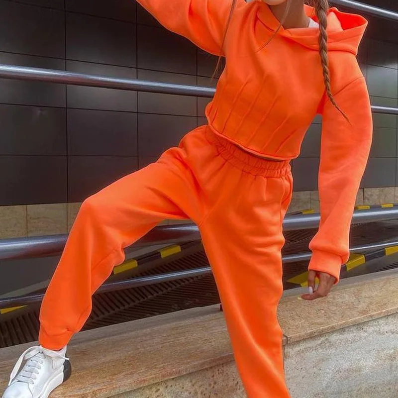 Warm Cropped Bandage Hooded Sweater Suits Women Fashion Chic Hoodies 2023 Autumn Female Streetwear Sports Outfit