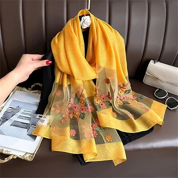 Sciarpa di lana di seta da donna Ricamo floreale Hijab Foulard femminile Primavera Estate Sottile Scialli di Pashmina Avvolge Bufanda Foulard Stole 1