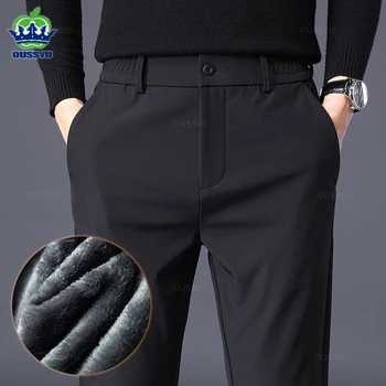Pantaloni in pile da uomo caldi invernali spessi business elasticizzati slim fit elastico in vita jogger coreano classico nero grigio blu pantaloni maschili 1
