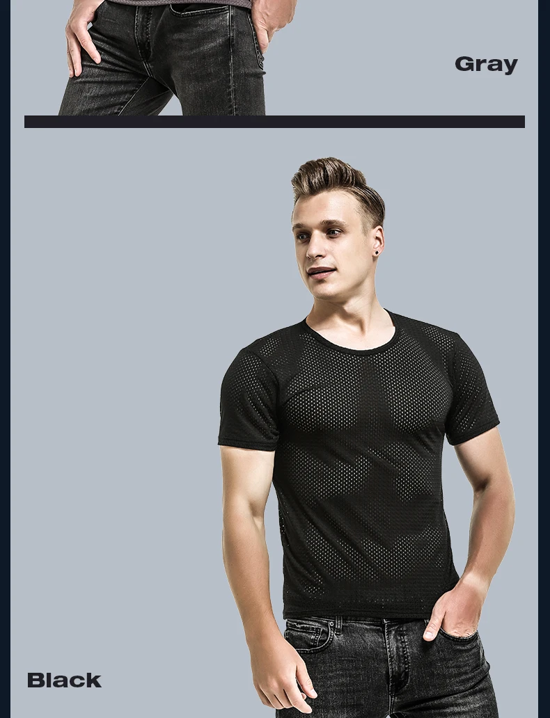 Ice Mesh Eye T-Shirt Herren Mesh atmungsaktives Mesh Hohl Sport Fitness Sommer schnell trocknen lose V-Ausschnitt Tide Mesh Kurzarm – Detail 14
