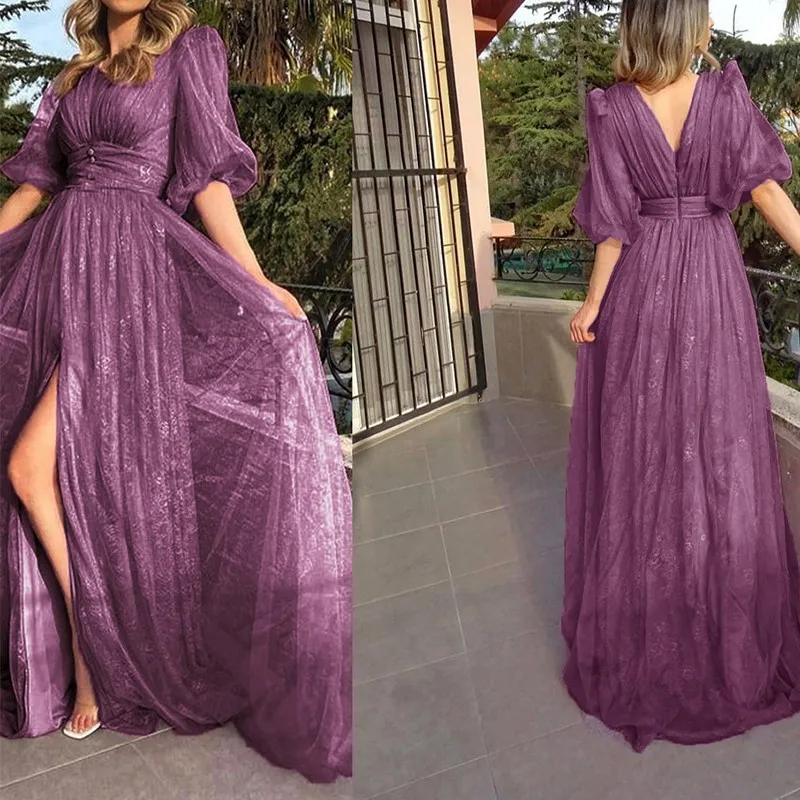 Vestidos de Baile Pescoço da Dama de Honra Novo Estilo Sexy Renda Roxa Malha Meia Mangas Senhora Elegante Fenda v Robes Noite Festa Aniversário 2022 3 Computers & Electronics