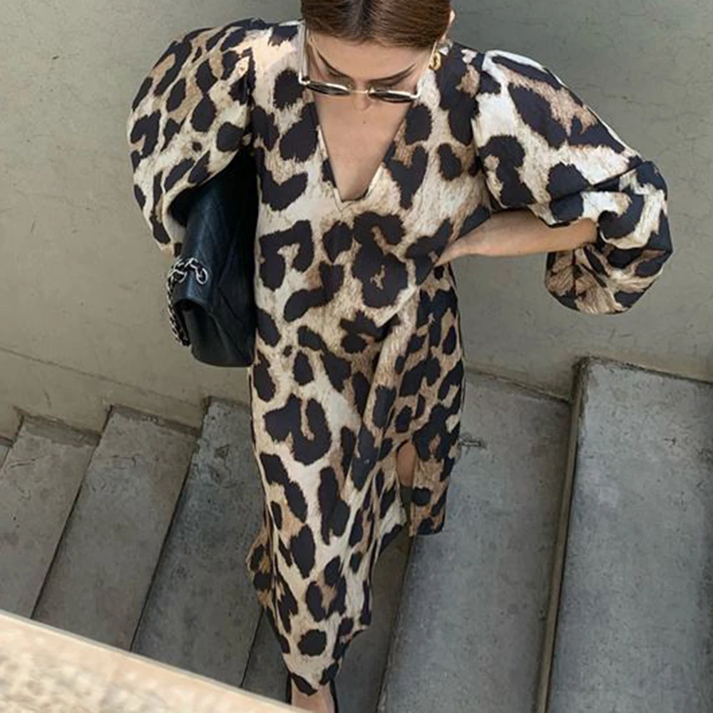 knee length dresses for ladies Leopard Print Notch V Neck Loose Fit Maxi Dress White / M main image 1