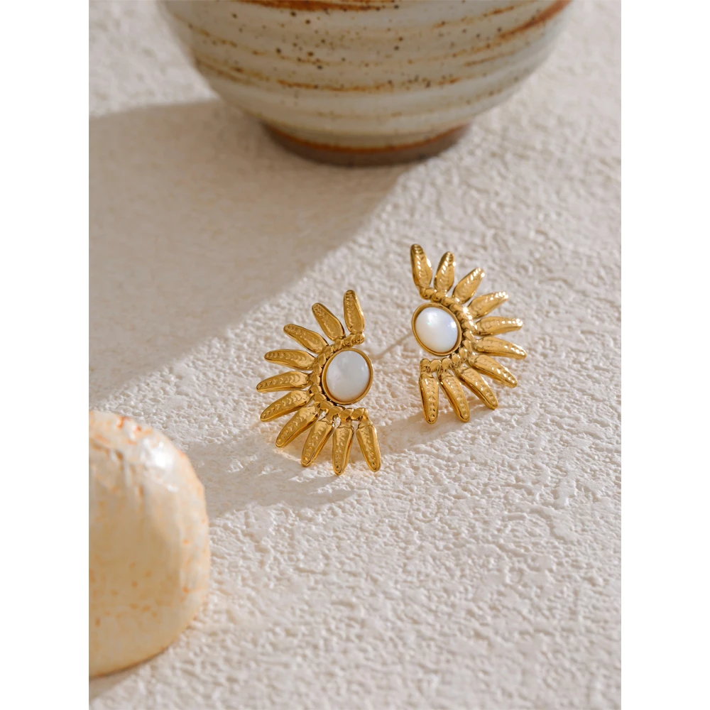 Yhpup Shell Flower Stud Earrings Gold Color 18K Plated Stainless Steel