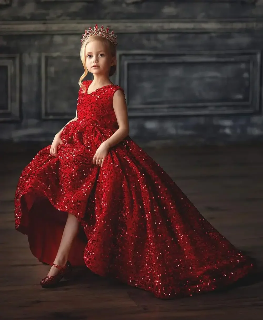 

Glitter Sequin Flower Girl Dresses Red Long Child Sleeveless Pageant Evening Princess Birthday Wedding Dress Communion Ball Gown