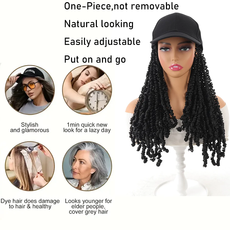 Synthetic Baseball Cap Wig with Hair Extension 12inch  Kinky Curly Wig Hat for Women Girl Adjustable Black Baseball Hat Wig