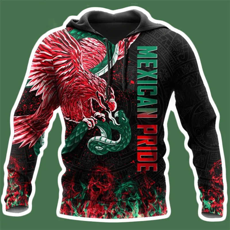 thumbnail image 1 of Sudadera con capucha con estampado 3D de la bandera de México y emblema nacional para hombre, sudadera de manga larga con estampado mexicano azteca, ropa de calle, 1 of 5