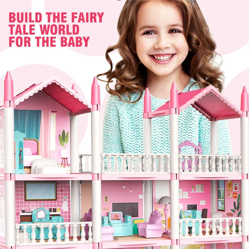 Large Doll House Assembly Villa House 3D Diy Dream Princess Castle Villa Assembly Doll House Set Toy Girl Pretend Family Toy
