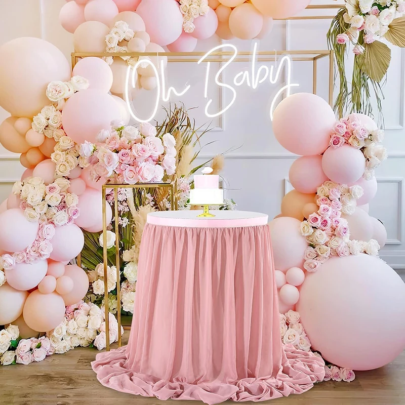 1 Pink Chiffon Table Skirt Rectangle/Round Tables Sheer Tablecloth for Baby Shower Birthday Party Wedding Cake Table Decorations
