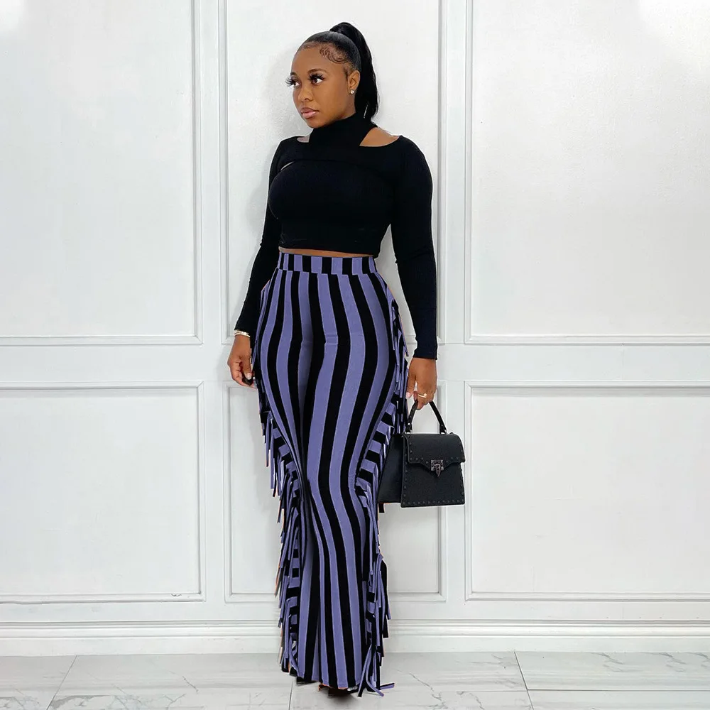 Plus Size Women Fringe Pants Striped Print Trouser 2022 Fall Female Elegant Pencil Pants Lady Winter Casual Designer Trousers